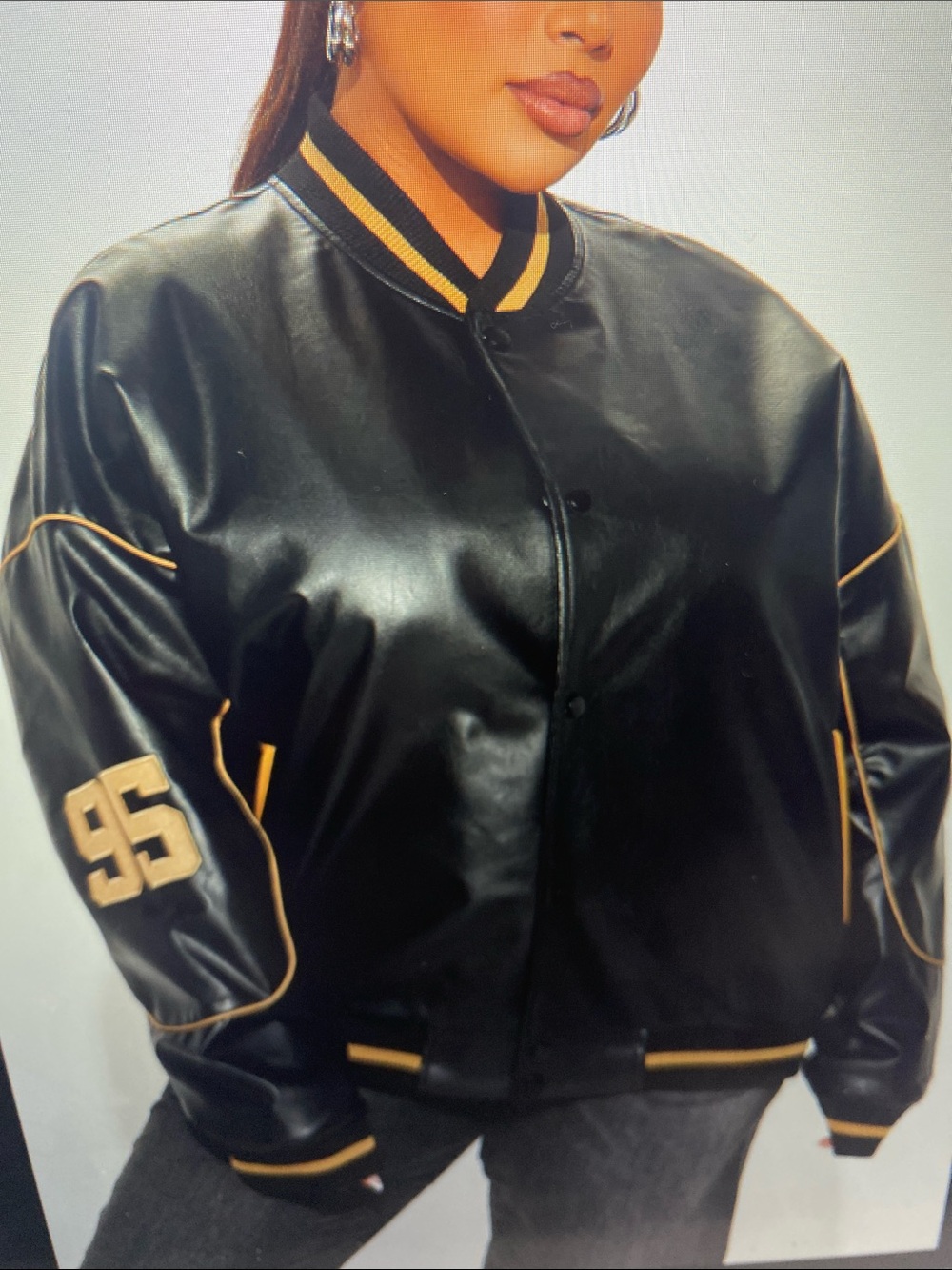 NWT Fashion Nova Black Varsity Faux Leather Jacket with Gold Trim - Picture 12 of 14